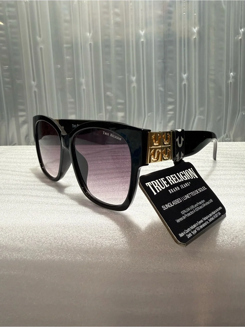 Women’s True Religion Cat Eye Sunglasses Black & Gold Square Oversized-NWT